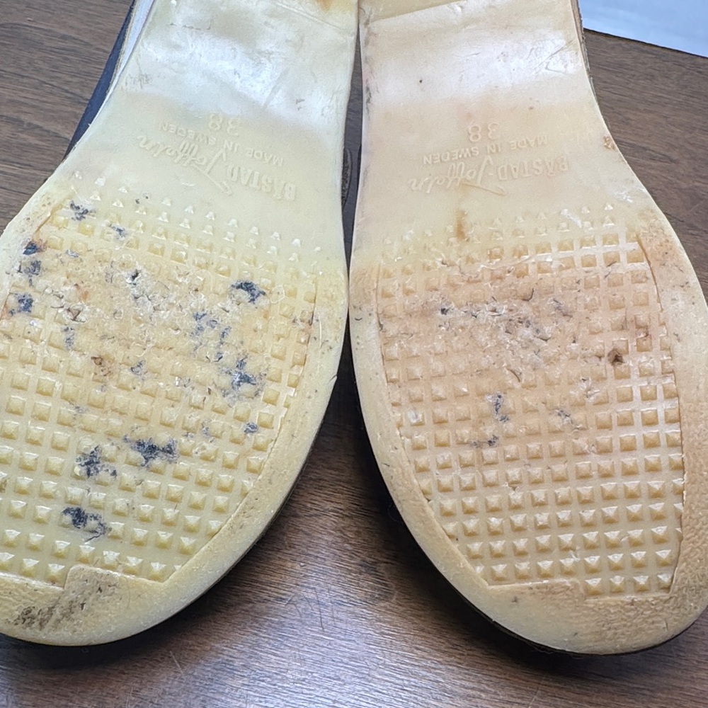 Vintage 70s Womens Bastad Toffeln Wooden Navy Blue Leather Buckle Clogs, sz 38 - Picture 13 of 14